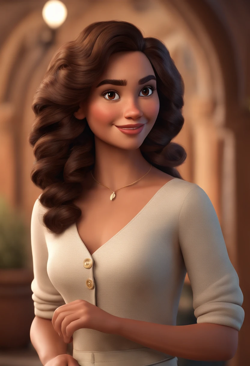 Create a Disney Pixar-style poster of a young woman with light brown skin, light tanned dark eyes and medium and curly dark-colored hair)) ((tudo isso no estilo Disney PIXAR 3D,  3D render RTX estilo de design cartunesco, Detailed illustrations of PIXAR 3D, Detalhes hiper-realistas, cor quente no estilo Disney PIXAR 3D))