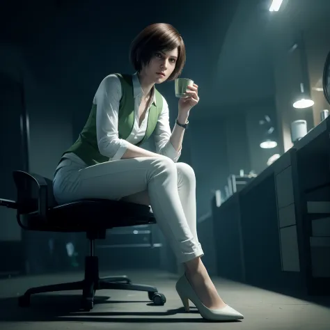 beautiful face, shy, short bob brown hair, perfect face, Rebecca chamber from resident evil, white jeans, green vest Long-sleeved, friendly face