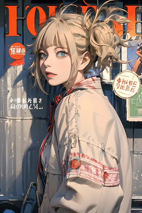 masterpiece, best quality, spring outfit, colorful hair, outdoor, magazine cover ,upper body, himiko toga