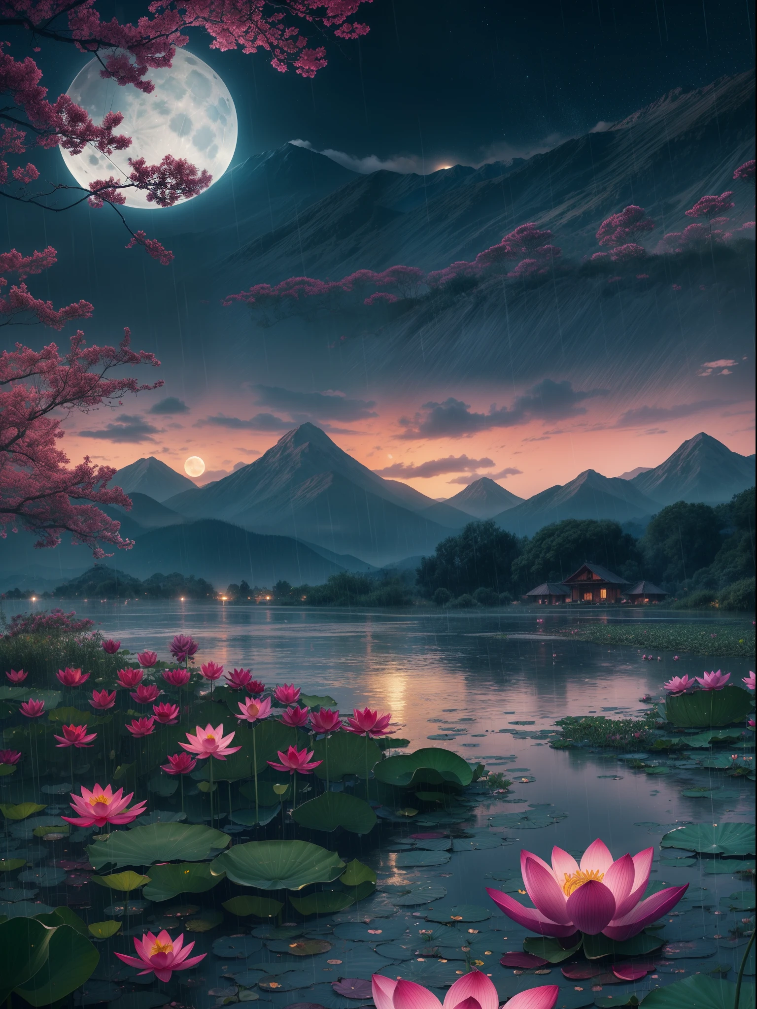 At night, only the moonlight illuminates, crooked moon, mountains in the distance, beautiful big lotus flowers nearby, big red lotus flowers, running water next to it, frogs, summer full of joy, crooked moon in the sky mixed with stars, amazing wallpaper, rainy night, night in the rain, beautiful and beautiful, movie, high detail ((heavy rain))), 8k