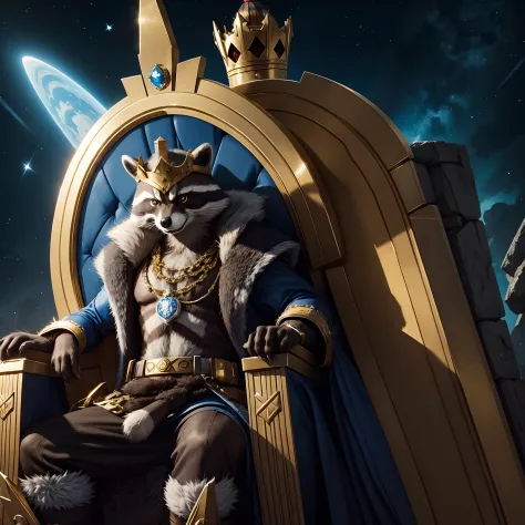Rocket racoon from marvel as king, sitting on the throne, with a crown on his head, a gold necklace