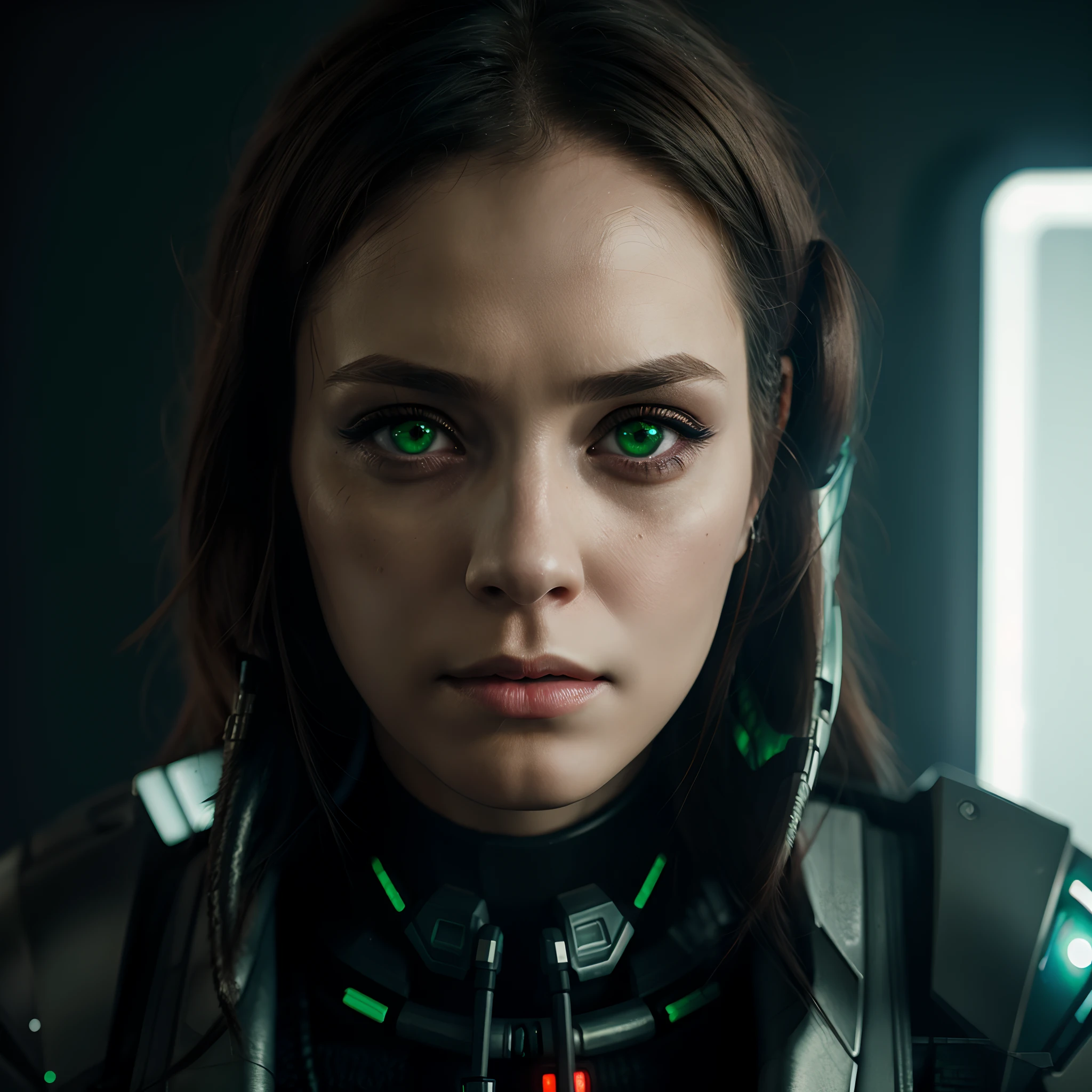 1girl, solo, looking_at_viewer, simple_background, green_eyes, makeup, portrait, science_fiction, realistic, android, cable, cyborg, cyberpunk