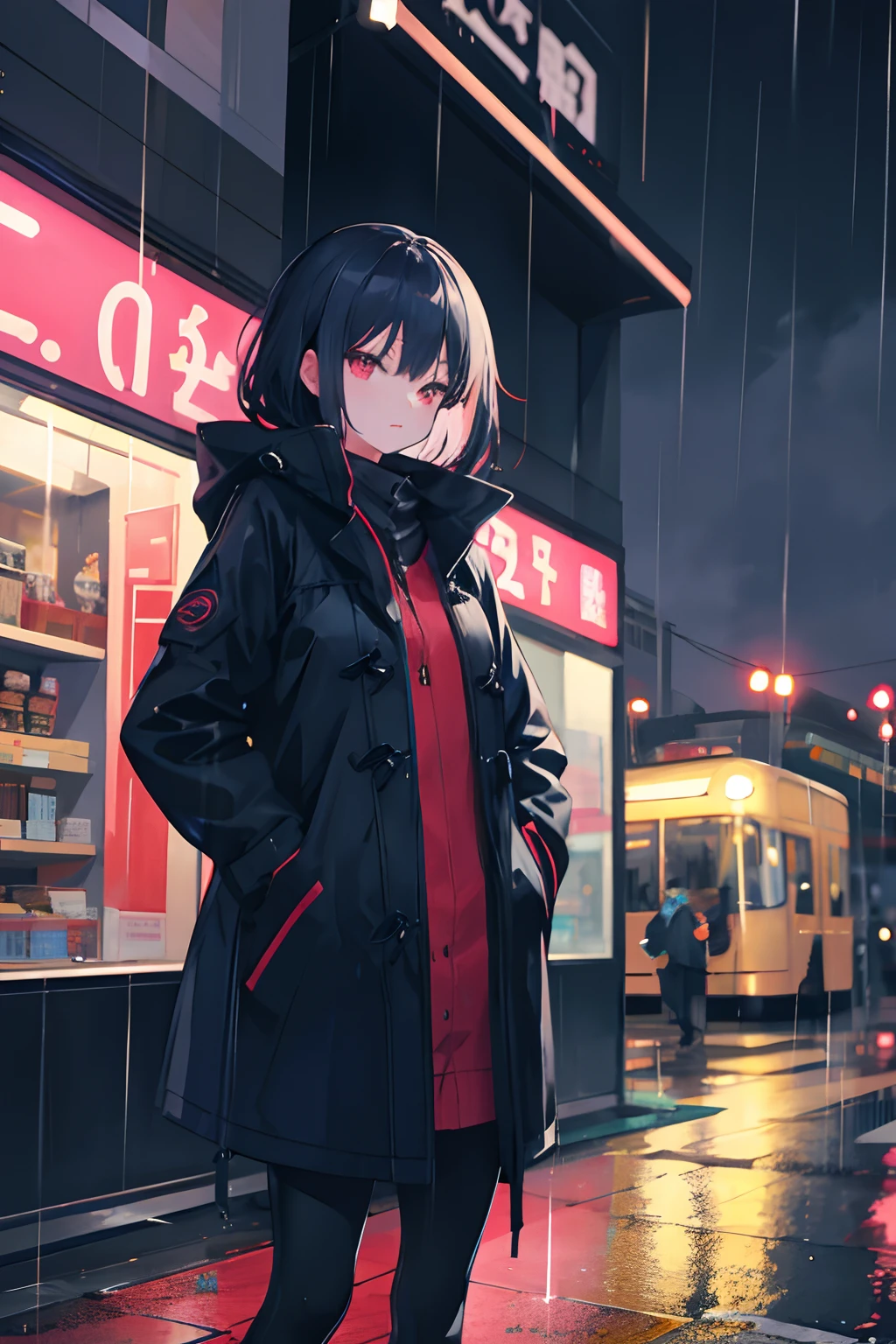 1girl,night city,rain,coat,hands in pockets