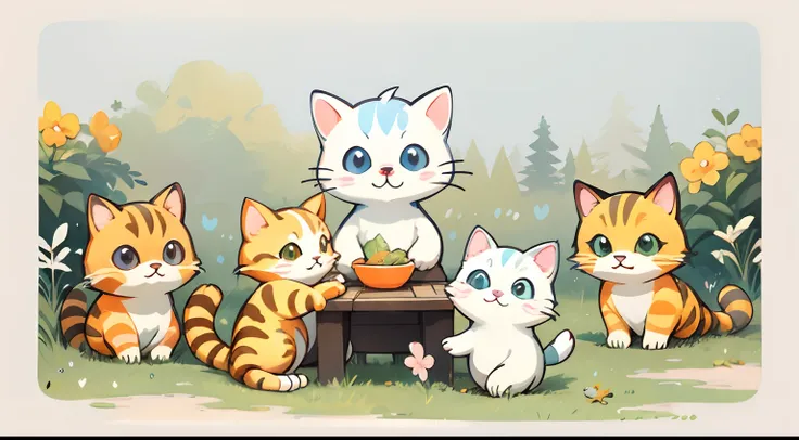 group of cute cats dining on g - SeaArt AI