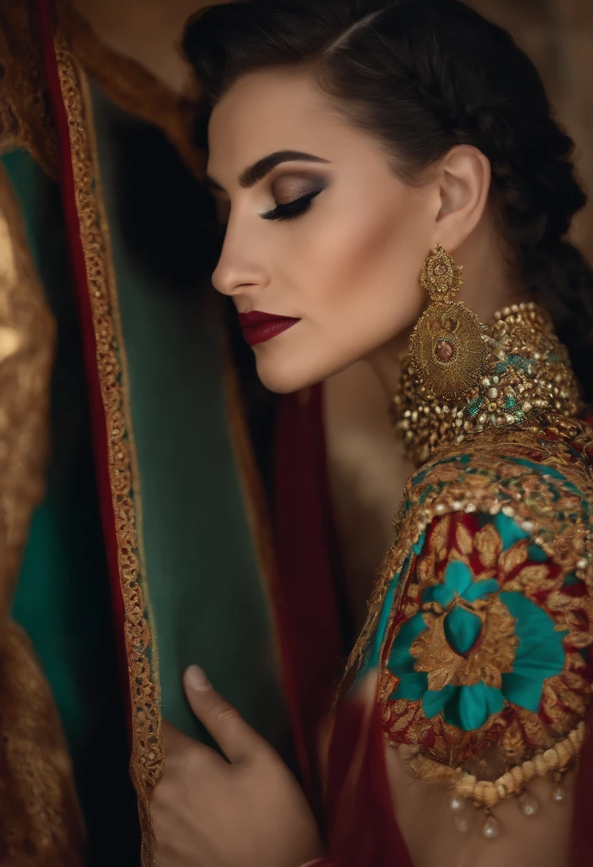 A woman in a red and green outfit with gold jewelry - SeaArt AI