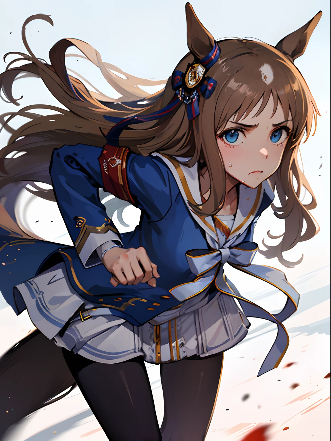 grass wonder \(Umamusume\), 1 girl, Solo, Best Quality, masutepiece, 8K, High resolution, Ultra-detailed, (((Front view, Looking at Viewer, Face Focus))), (((Running, dash, Sprint))), Blue jacket, White sailor color, Long sleeves, White skirt, Black pantyhose, Sweat, Muddy, Cinematic shadows,