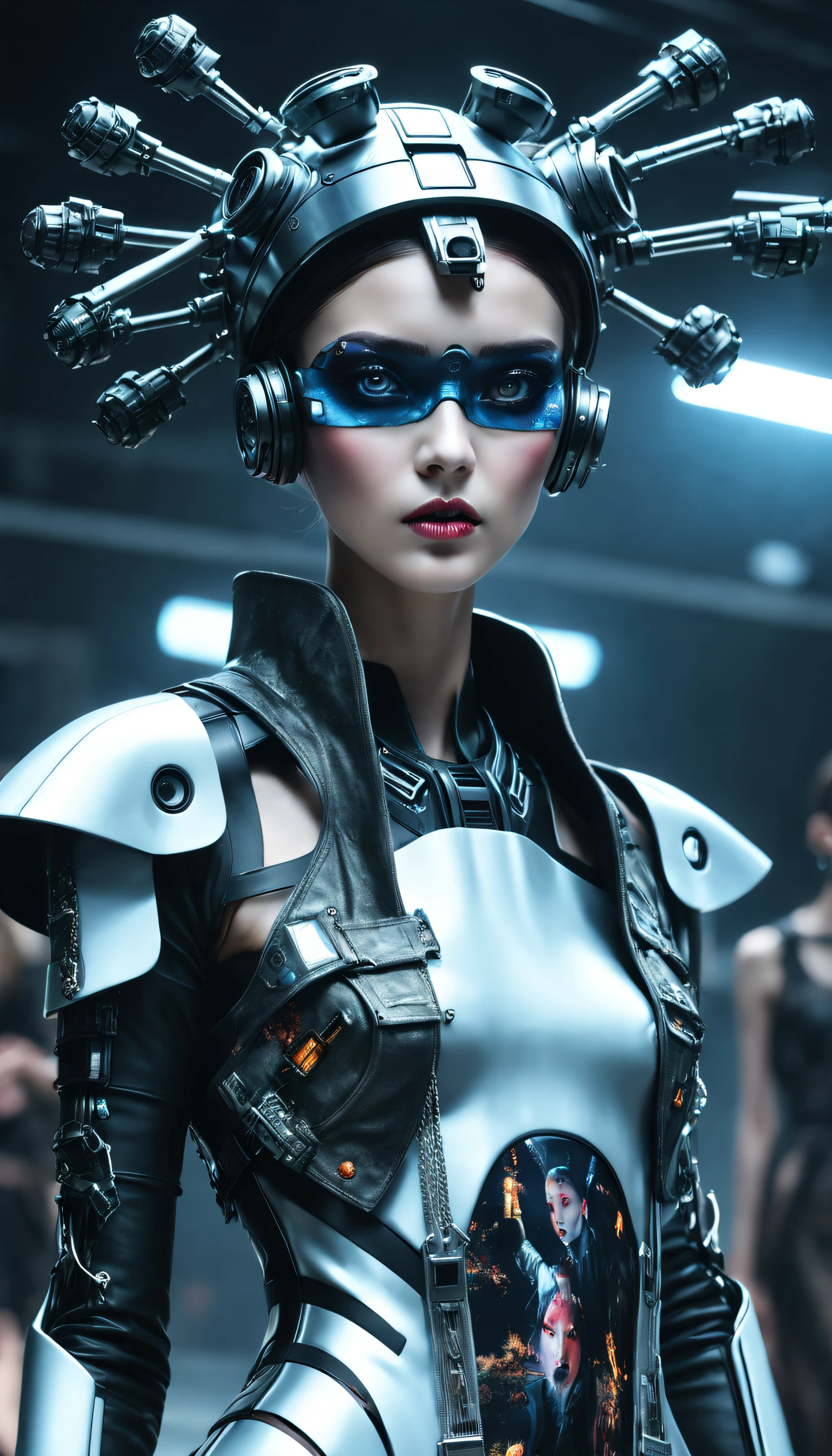 Spooky fashion runway , vogue photography , Inspired by classical painting and cyberpunk。(Best quality,4K,8K,A high resolution,Masterpiece:1.2), (Realistic,Photorealistic,photo-realistic:1.37).