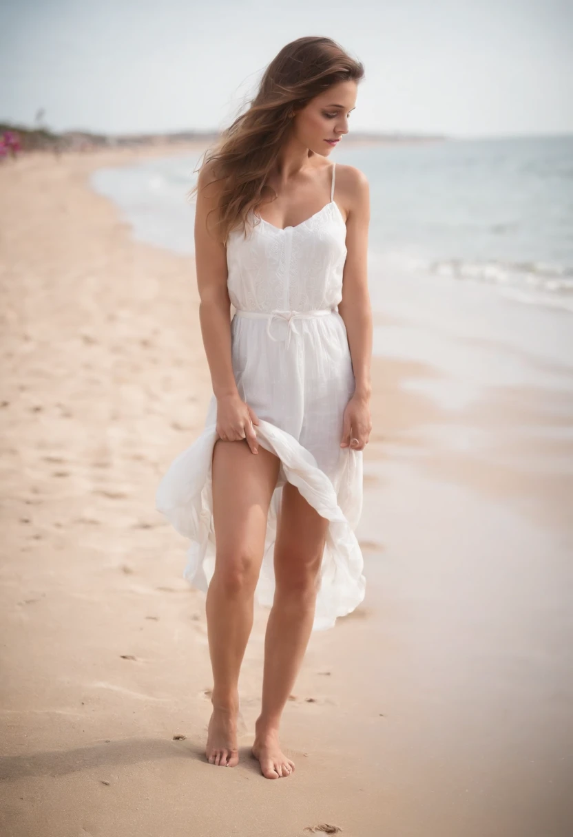 A woman in a white dress walking on a beach - SeaArt AI