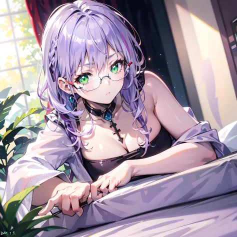 (1 girl: 1.1) ,((Light purple hair)), ((eye glass))Green eyes, lying on the bed, Bath towel