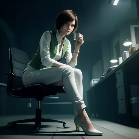 beautiful face, shy, looking at viewer, short bob brown hair, perfect face, Rebecca chamber from resident evil, white jeans, green vest Long-sleeved, friendly face, little smile