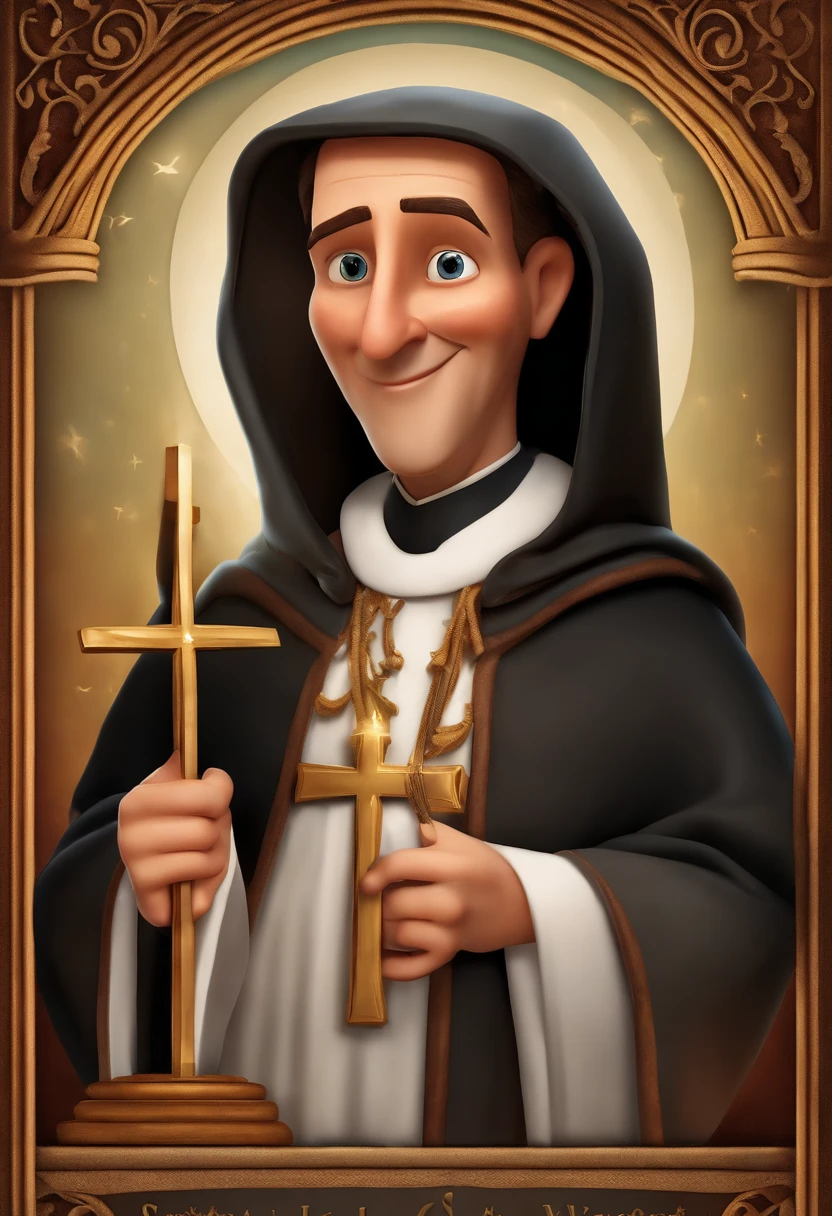 A Disney pixar-inspired movie poster with title "(St. Vincent Pallotti)". (Roman Catholic priest, saint, 55 years old, thin, short, a little stooped, has hair only on the back of his head, long and thin nose.  He dresses in a black cassock without buttons, a Roman collar with a V-neck, a mozeta at the waist and a sash at the waist.  In his right hand a crucifix which he points to with the other hand). The scene should be in the distinct digital art style of pixar, with a focus on character expressions, vibrant colors and detailed texture that are characteristic of their animations with the title "(St. Vincent Pallotti)"