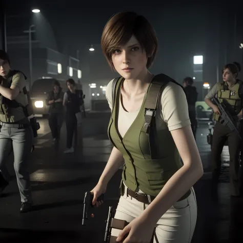 beautiful face, shy, looking at viewer, short bob brown hair, perfect face, Rebecca chamber from resident evil, white jeans, green vest Long-sleeved, friendly face, glare, holding a gun