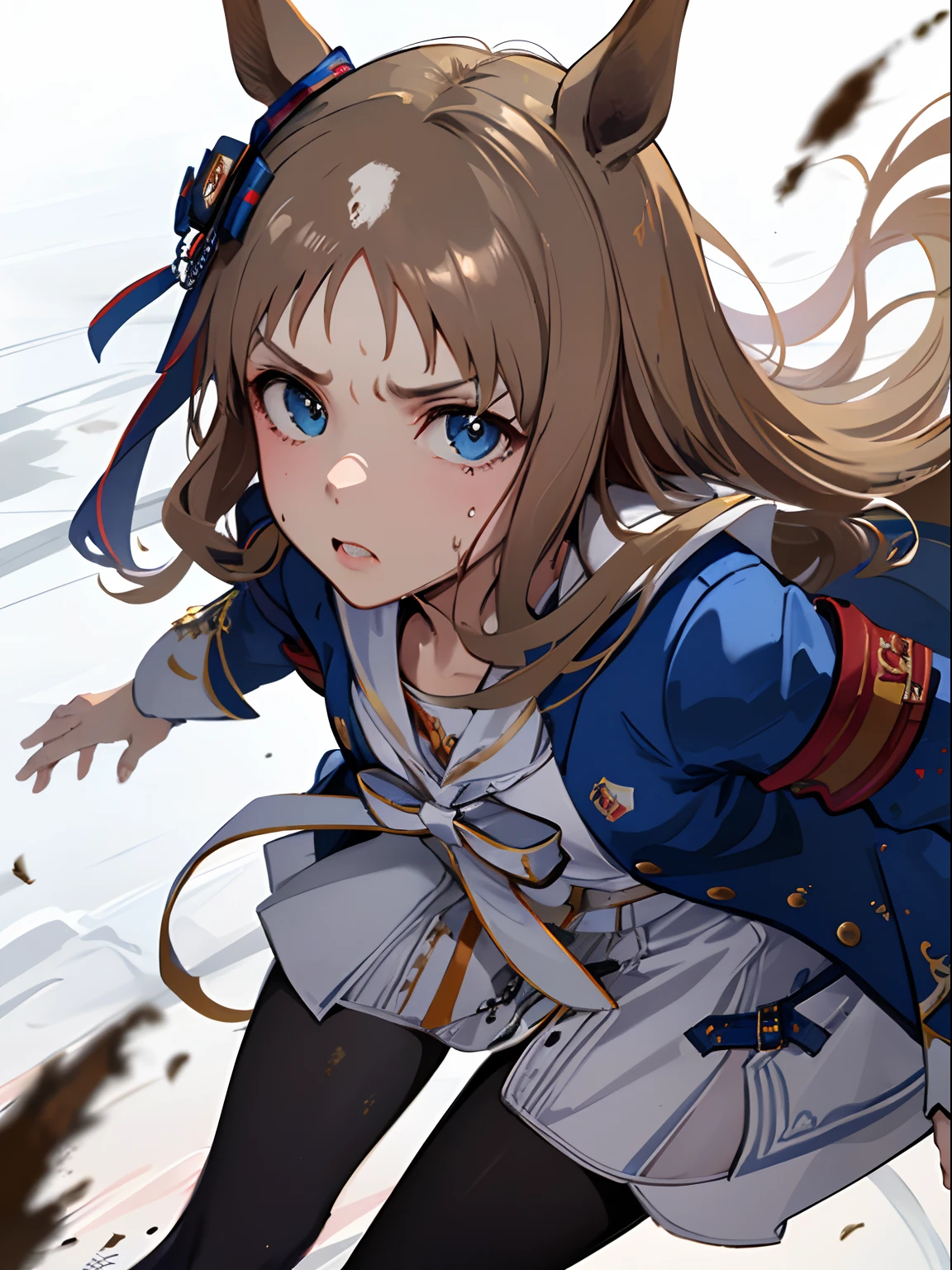 grass wonder \(Umamusume\), 1 girl, Solo, Best Quality, masutepiece, 8K, High resolution, Ultra-detailed, (((Front view, Looking at Viewer, Face Focus))), (((Running, dash, Sprint))), Blue jacket, White sailor color, Long sleeves, White skirt, Black pantyhose, Sweat, (((Muddy))), Cinematic shadows,