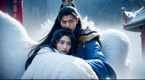 The emperor hugged the unhappy princess，Outside the Forbidden City，The sky was covered with heavy snow，k hd