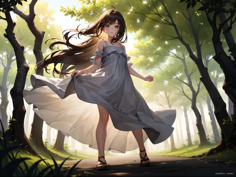 1 girl ,walking in forest ,full body, (green lighting ), (cinematic lighting) , cinematic angle, (wide shot:1.1), front viewer ,sundress ,brown hair ,((masterpiece)), ((best quality)), ((ultra-detailed)), (illustration), ((an extremely delicate and beautif...