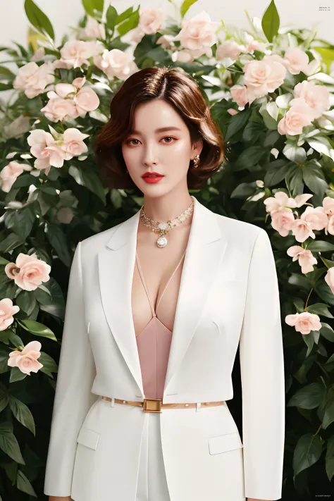 fashion magazine，ultrarealism oil painting，（Pure white parrot），white business suit，DEEP-V COLLAR，（Short-haired neutral woman），Pink big breasts，Plant cover background，The style of artist Bruce Zheng，shinny hair，cowboy lens，art-deco，Verism，blooms，Award-Award...