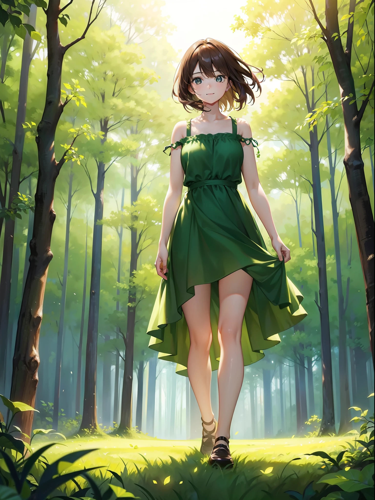 1 girl ,walking in forest ,full body, (green lighting ), (cinematic lighting) , cinematic angle, (wide shot:1.1), front viewer ,sundress ,smile,brown hair ,((masterpiece)), ((best quality)), ((ultra-detailed)), (illustration), ((an extremely delicate and beautiful))