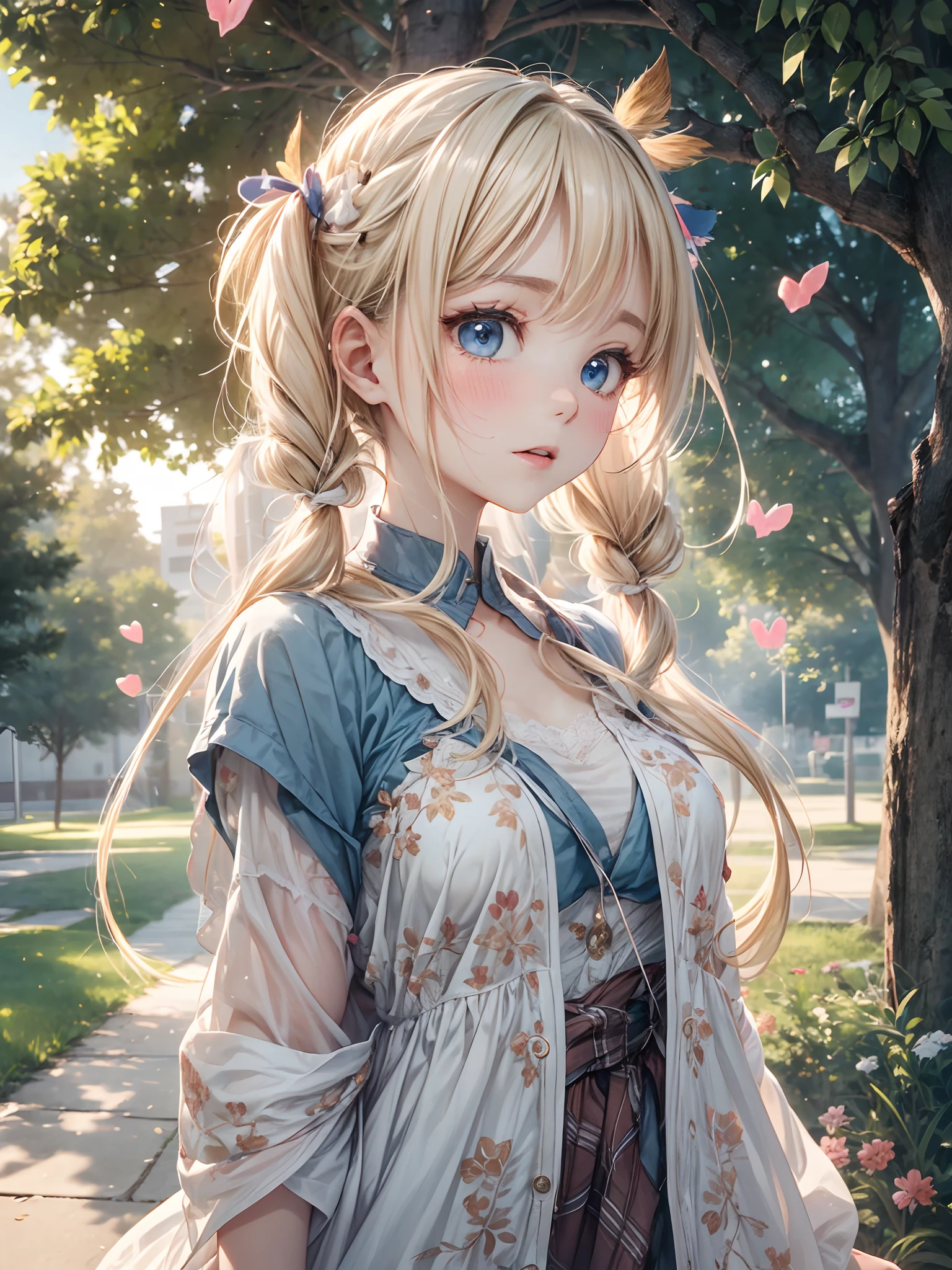 absurderes, (solo:1.5,)Ultra-detail,extremely beautiful detailed anime face and eyes,Short hair,(Bangs parted in the middle:1.3),(Blonde hair with short twin tails:1.3), Shiny hair, Delicate beautiful face, red blush、(Deep Blue Eyes:1.3), White skin, hair clips,(Warm Summer Nights,romantic,whispering breeze,Moonlit path,memories,Forgiveness,transformational,growth),The air is filled with the essence of love, To melt even the most painful heart. Two people hugging each other on a summer night, bathed in the soft glow of moonlight. Hand in hand, Walk along the tree-lined avenue, The sound of their footsteps leaving the path leading to the park.During a walk,I can't help but look at my old self, Those who gazed at this scene with longing eyes,Symbol of love,Choose to walk the path of honesty and trust. This road may be long, however、We promise to walk, With the warmth of a summer night、Embrace the love that fills your heart.