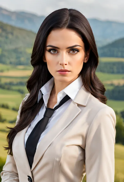 serious woman in formal work clothes brunette black hair and black eyes with landscape background