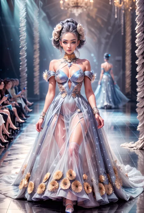 (Future World Fashion Show: 1.5)，(Futuristic sci-fi beauty model walks on the runway: 1.5), The female model had a smile on her face，The posture is elegant and dignified，wearing blue dress，Blue fluorescence，Starry sky pattern，Mysteries of the universe，Futu...