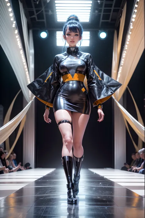 (Future World Fashion Show: 1.5)，(Futuristic sci-fi beauty model walks on the runway: 1.5), Beautiful female model with a smile on her face，The posture is elegant and dignified，(Wear yours with a blue futuristic techno luxe dress: 1.2)，Blue fluorescence，St...