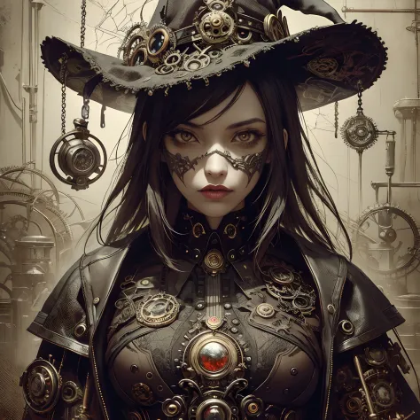 /imagine 
Craft a mixed media artwork using ink painting and acrylic art to portray a ((spider witch)) with a ((creative twist)). Infuse elements de energia escura, of ((steampunk)) and ((gothic)) art styles to give the character a unique look. The spider ...