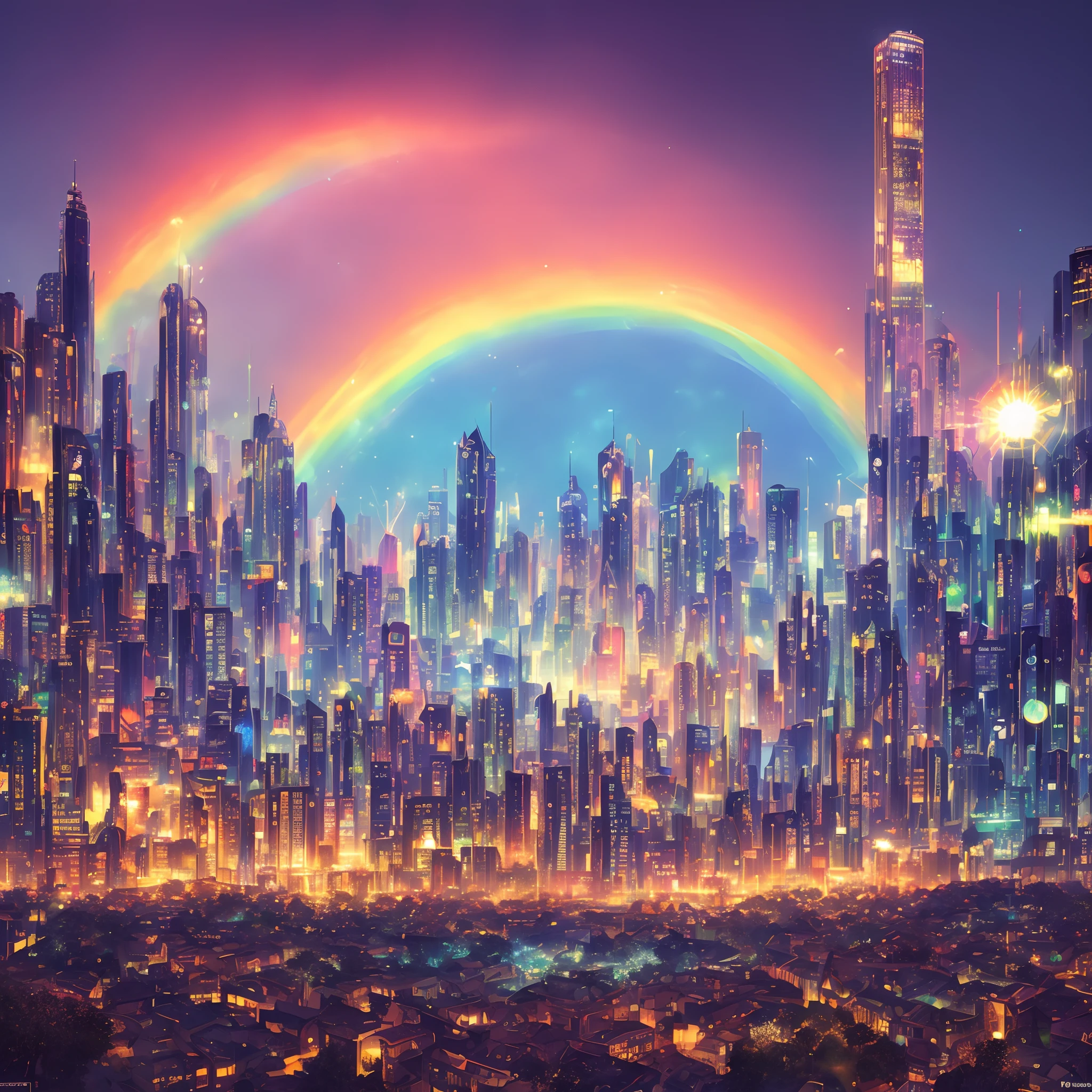 modernism，Maximalism，retro-futurism，romanticism lain，afofuturism，Vitreous Moralism，A high resolution，Very high resolution CG wallpaper，Wallpapers，Official wallpaper image，1080，illustration，A magnificent rainbow ， Sparkling