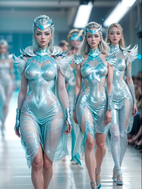 (Future World Fashion Show: 1.5)，(Futuristic sci-fi beauty model walks on the runway: 1.5), Beautiful female model with a smile on her face，The posture is elegant and dignified，(Wear a blue futuristic tech luxury dress: 1.2)，Blue fluorescence，Starry sky pa...