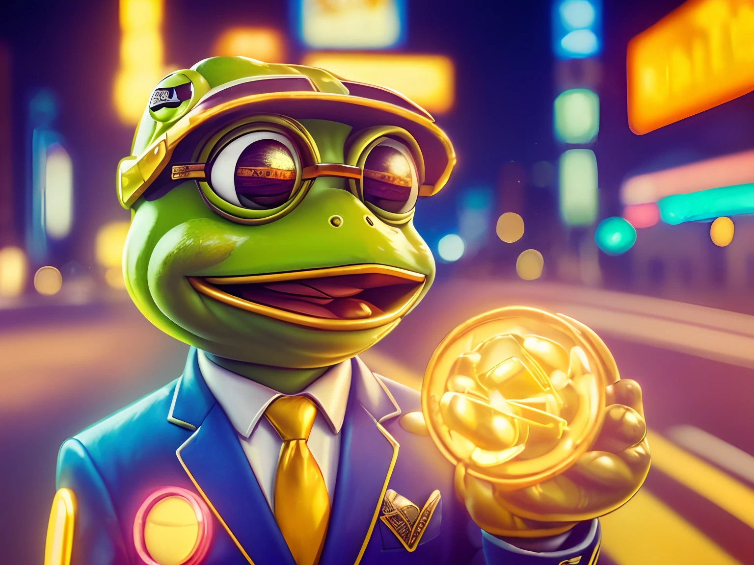 (best quality,4k,8k,highres,masterpiece:1.2), ultra-detailed, (realistic, photorealistic, photo-realistic:1.37), Cartoon Pepe frog in suit, goldpills, smiling, urban setting,  neon, cyberpunk, futuristic,  futurism, vibrant colors, soft lighting, golden pills, magical atmosphere