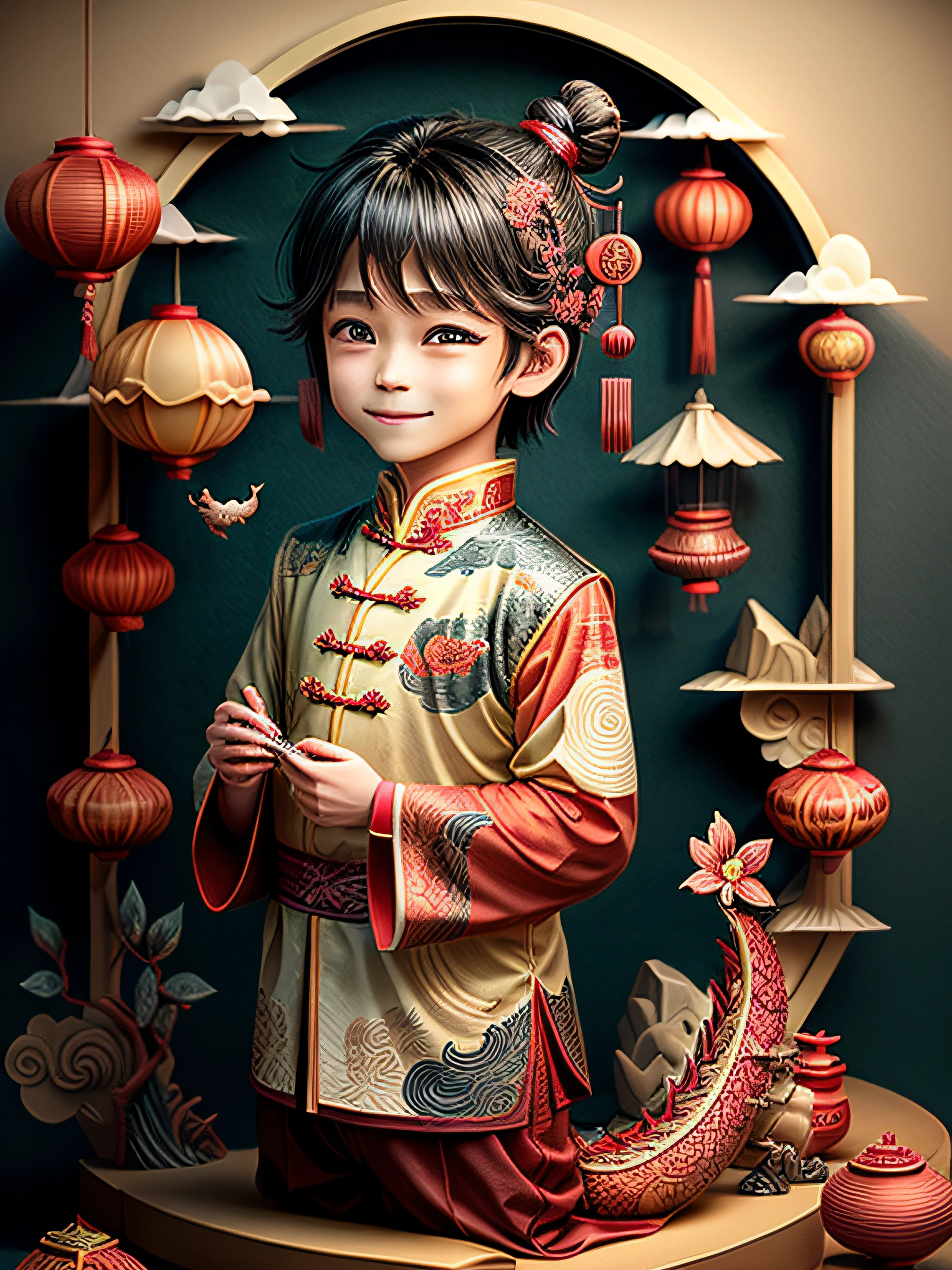 1 boy , hair adornments、Smile、Chinese new year pattern background、disarray、wishing happy chinese new year, dragon year,