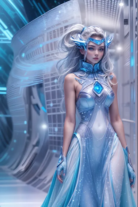 (Future World Fashion Show: 1.5)，(Futuristic sci-fi beauty model walks on the runway: 1.5), Beautiful model in a blue dress，Blue fluorescence，Starry sky pattern，Mysteries of the universe，Futuristic hair，Silvery white glow，Soft to the touch，Silver-blue eye ...