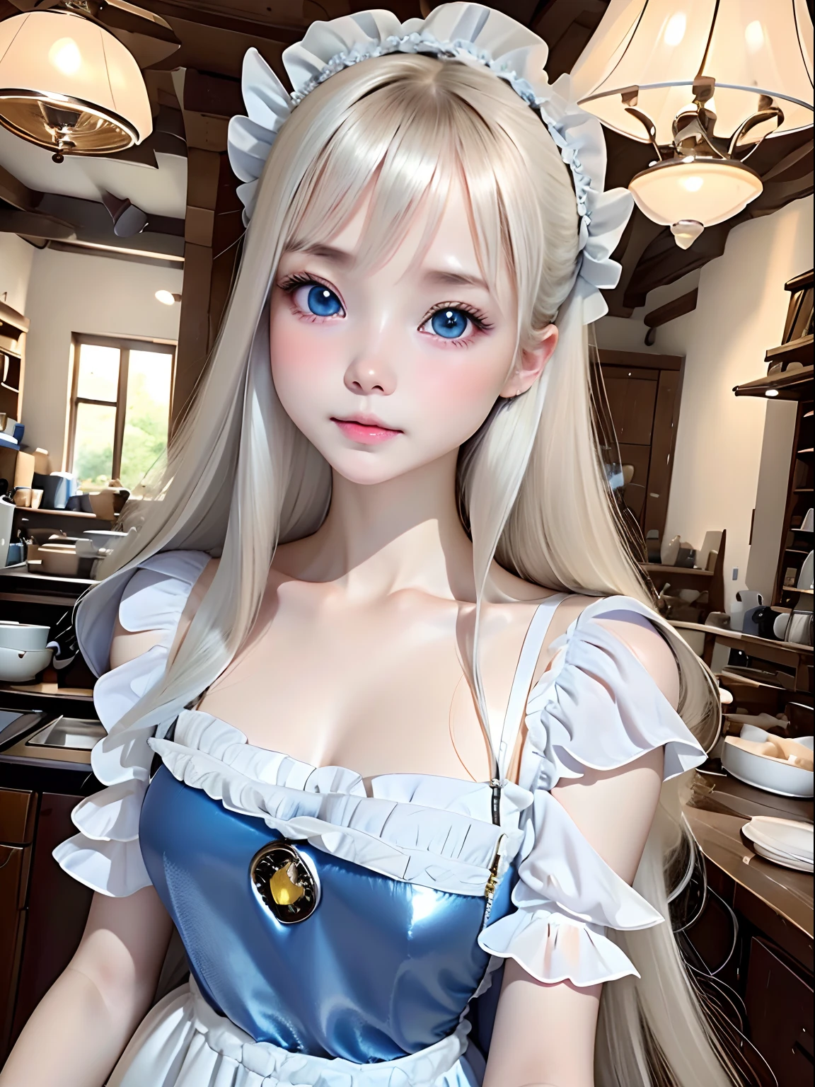 top-quality、超A high resolution、a picture、a photo of a cute girl、Detailed cute and beautiful face、(pureerosface_v1:0.008)、Beautiful bangs、alice in the wonderland、14years、White shiny skin、bangss、Platinum Blonde Super Long Straight Silky Hainer hair、Attractive beautiful crystal clear big blue eyes、White Apron、a blue dress、without makeup