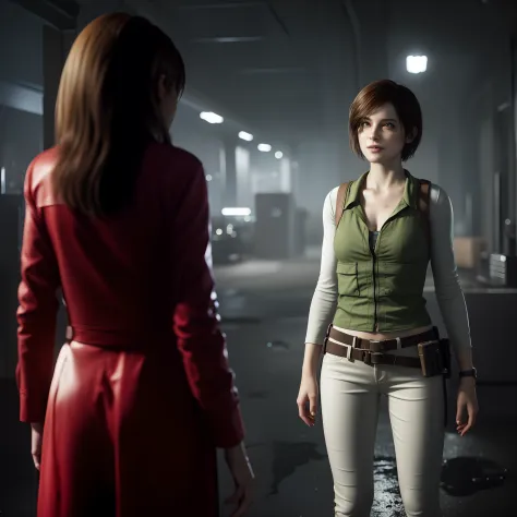 Best quality, ((Rebecca chamber from resident evil)), short bob hair, white jeans, beautiful face, green vest, little smile expression