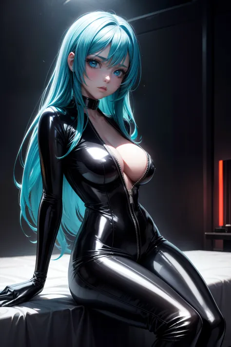solo, super fine photo, portrait digital art Unreal Engine 5 8K UHD of a girl, concept art, character concept design, fetish clothing, rubber clothes, wearing cyan latex bodysuit with straps and belts, long white latex gloves with straps, latex high heels,...