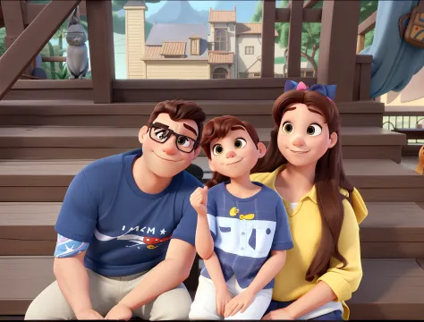 Um homem, um menino, uma mulher e um gato persa no estilo Disney pixar, alta qualidade, melhor qualidade