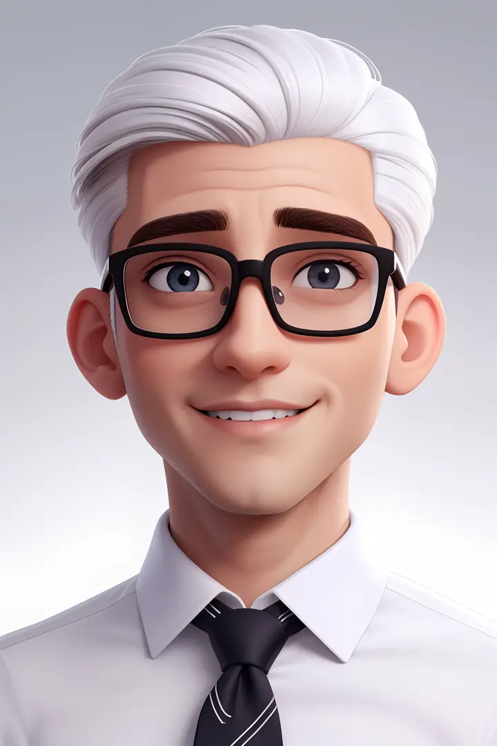Um homem de 30 anos, com cabelos castanhos curtos,face de diamante, olhar rigoroso, e olhos castanhos, Wearing white white shirt with tie and glasses.
