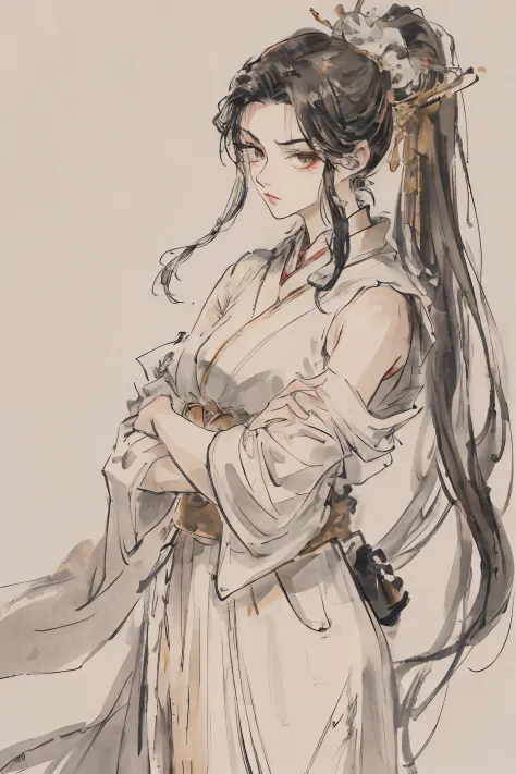 （tmasterpiece），（（A high resolution））， （ （（top-quality））， （（super-fine））， （（Ultra Fine CG）），A woman who is，crossed arms，Mature face，Human wife face，（Pale yellow robe：1.5），（Small belt：1.3）, Delicate hairpins，pony tails，Air bangs，bare shoulders​，Bare legs，rag...