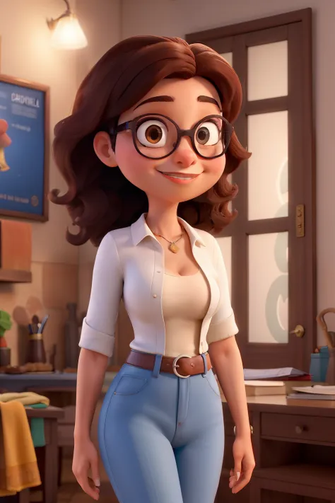 Obra-prima, de melhor qualidade, uma mulher morena, low wearing glasses. She is a Christian, mami, casada e professora, estilo Disney Pixar