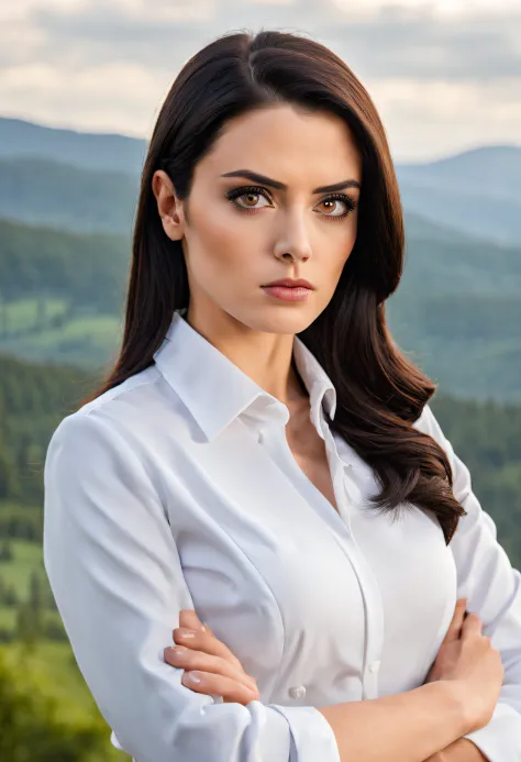 Serious woman in formal work clothes brunette black hair and black eyes with landscape background