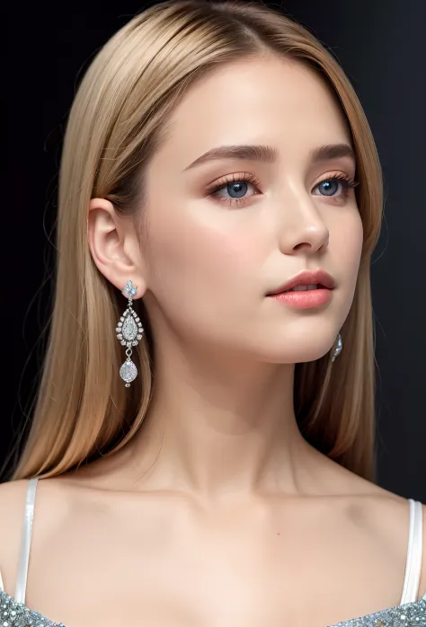 (​masterpiece、top-quality)、intricate detailes、realisitic、Photorealsitic、Close-up of a woman wearing earrings inspired by Emma Andijewska、Covered with crystal、Silver Color、long earrings、Sandra Shevia、Huge earrings、In 2019、blue eyess、Platinum Jewelry、耳Nipple...