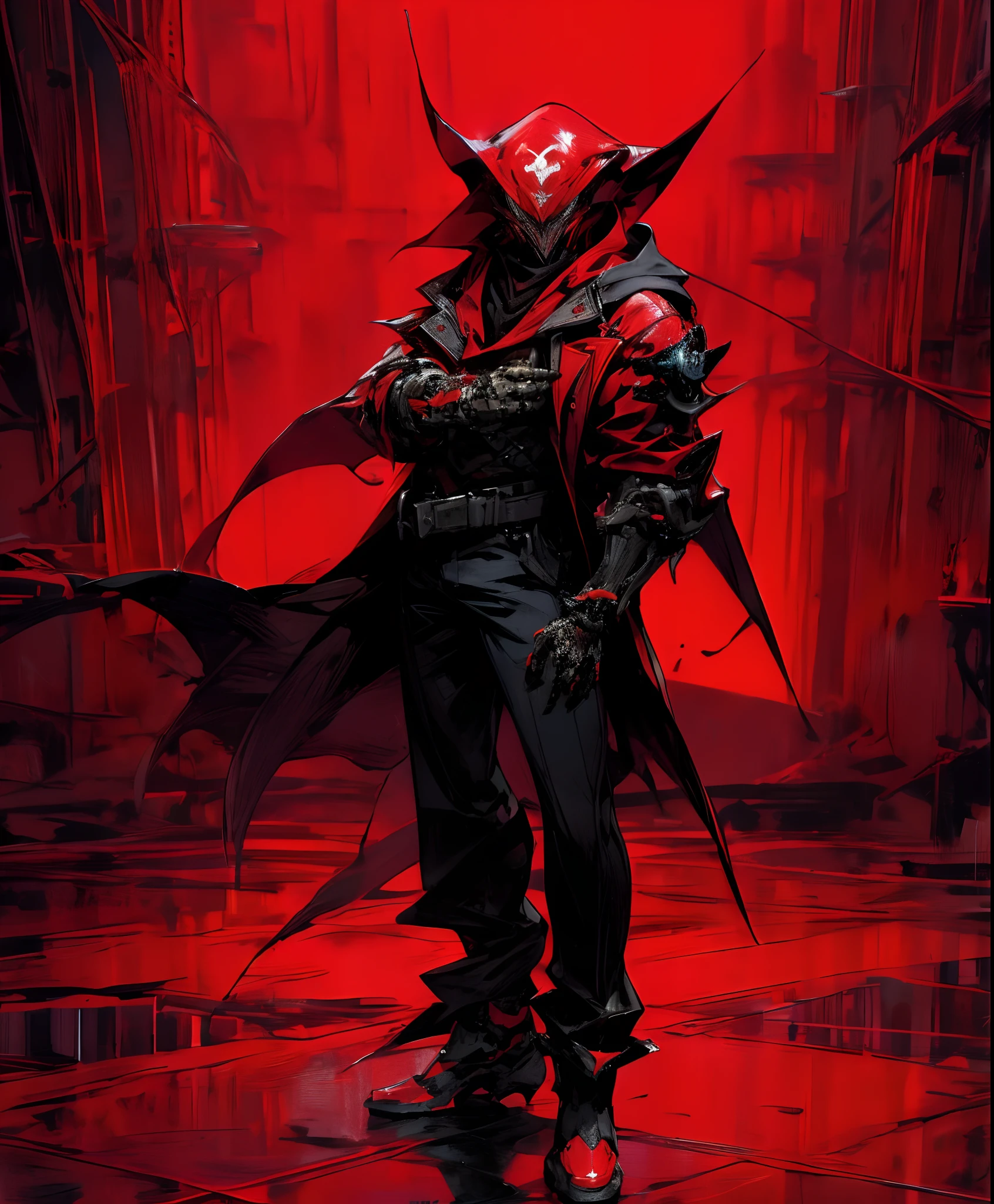 a man in a red jacket and black pants standing in a dark room, wearing cultist red robe, crimson attire, character from mortal kombat, as a character in tekken, fighting game character, cyberpunk assassin, red hooded mage, cyberpunk outfits, crimson clothes, the red ninja, wearing leather assassin armor, an edgy teen assassin, cool red jacket, cyberpunk street goon