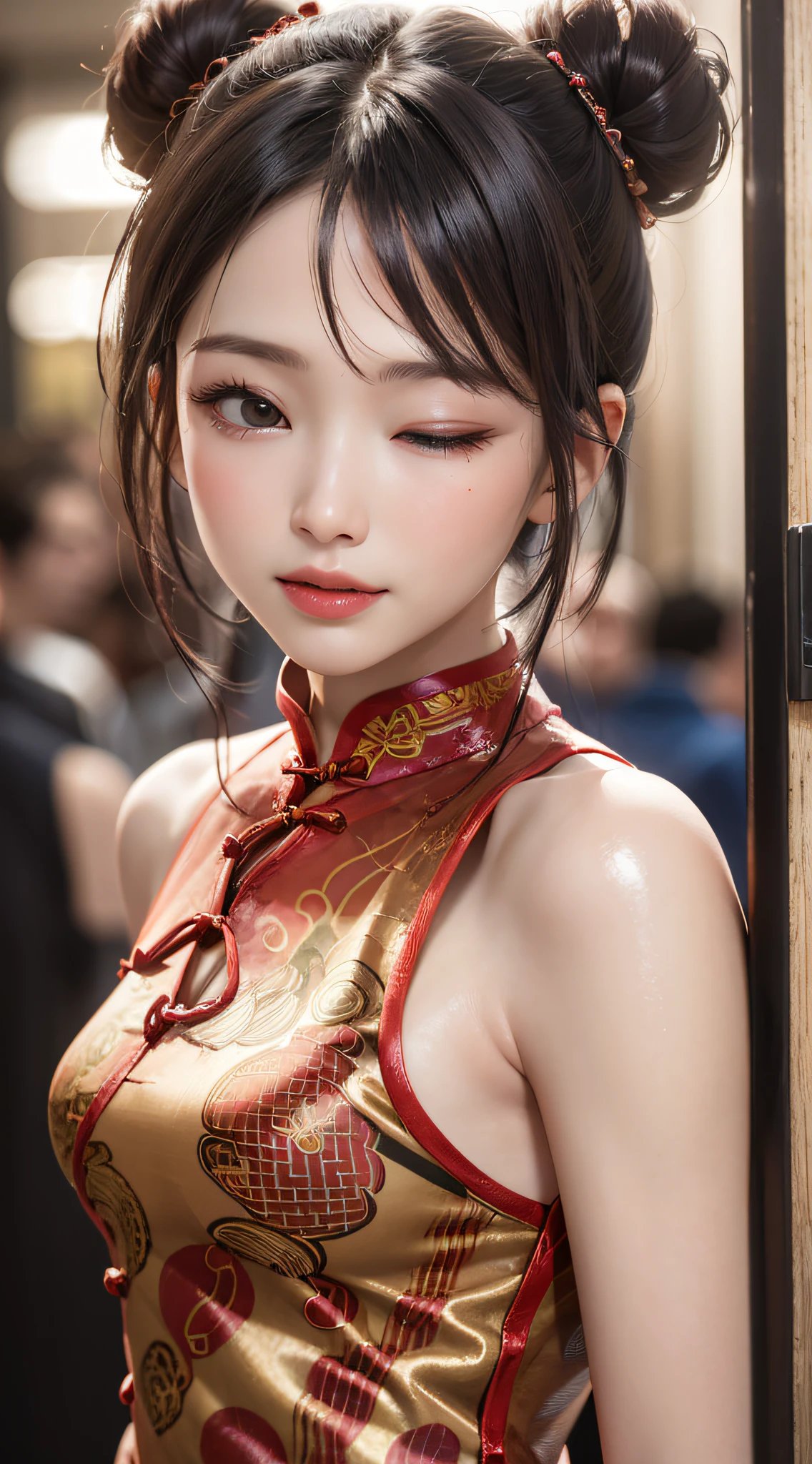 neon street at night, 1girl:1.3, 25 years old, (light pink, tongue):1.5, slim body, tight buttocks, perfect body, (medium breasts), thin thighs, (one eye closed, wink):1.3, BREAK, woman wearing(National style cheongsam, glossy:1.5), show cleavage, dark-brown hair, hair bun, BREAK, (Natural Skin Texture, Detailed shiny-skin, black eyes, shiny-lipgloss, Smile happily, perfect face, cute face, thin lips, small face, upper-body shot, (8K, high resolution, Best Quality, masterpiece:1.2), RAW, portrait, high resolution, top-quality, Hyper-Realism, (Photorealistic:1.3), intricate detailed, ultra sharpness, depth of fields, facing front, face focus up