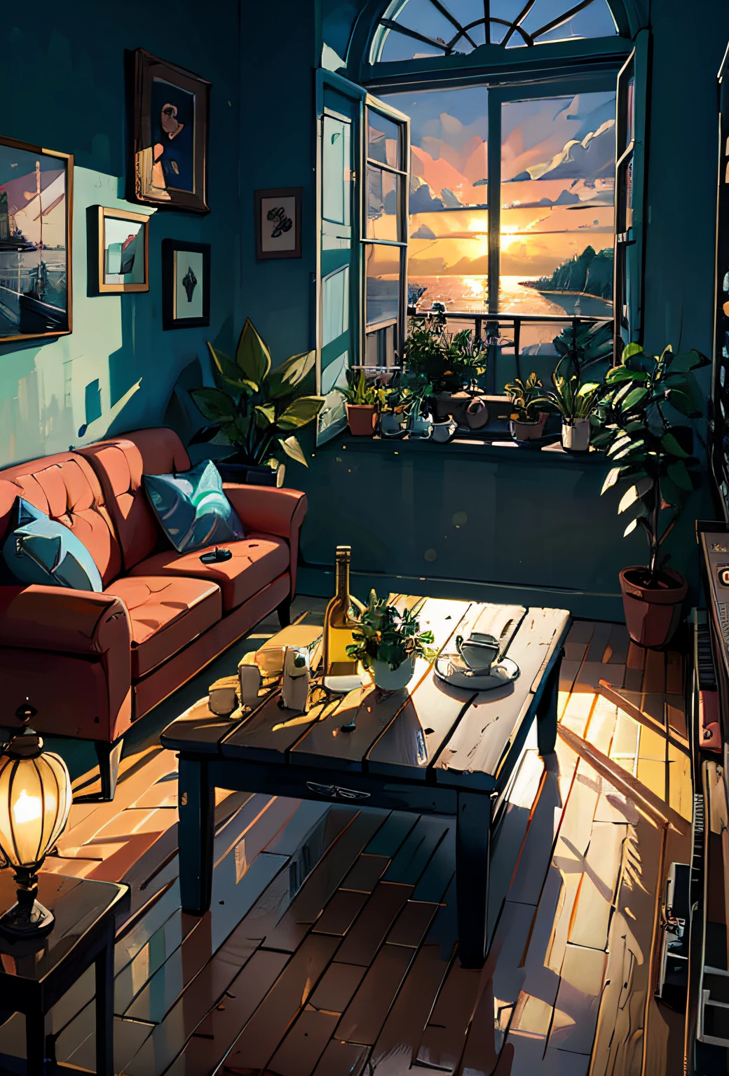 Cute Japan Girl、There is a living room with sofa and table., Cozy home background, relaxing concept art, Cozy living room background, Cinematic morning light, immensely detailed scene, Relaxing environment, Cozy place, realistic afternoon lighting, relax vibe, Highly detailed digital painting, Welcoming environment, cozy cafe background, Beautiful and cinematic lighting, detailed 2D illustration, dramatic warm morning light