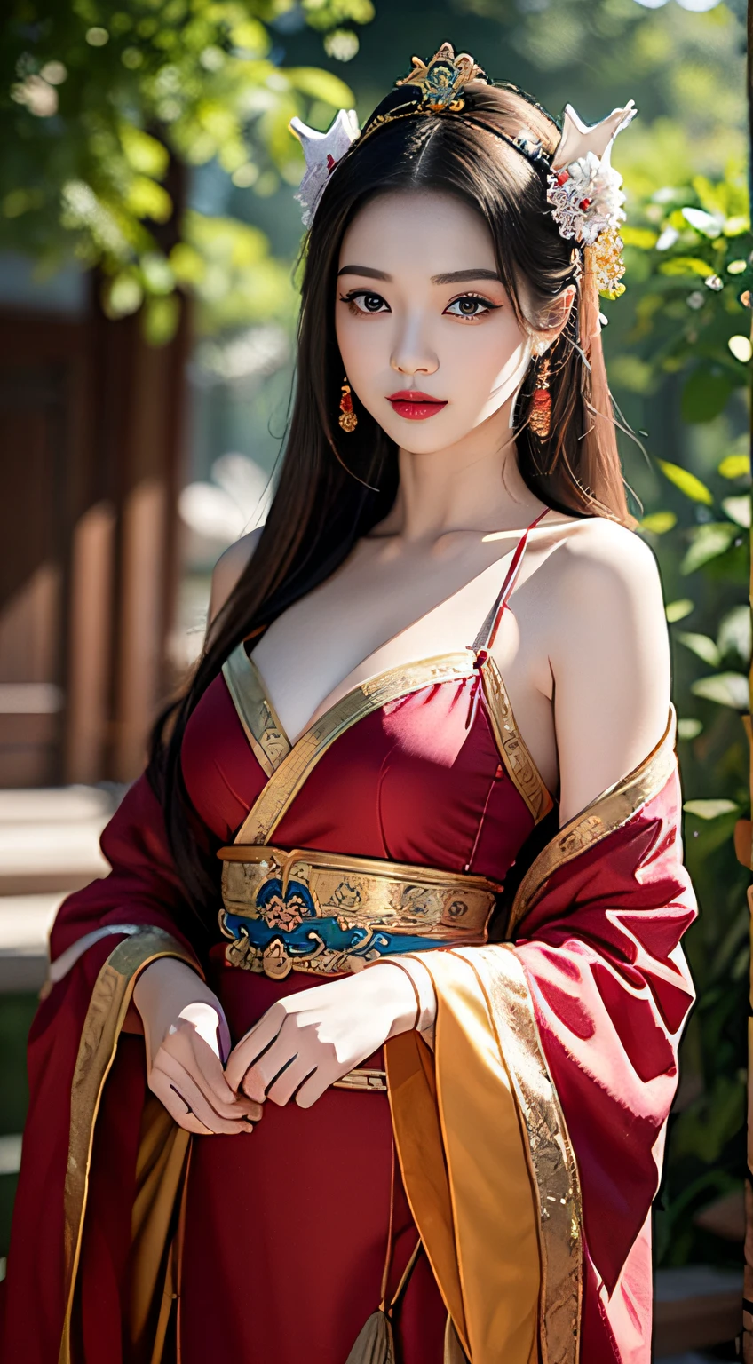 best qualtiy，tmasterpiece，Ultra-detailed high resolution，（Photorealsitic：1.4），RAW photogr，，illustratio， Chinese woman in red dress, Beautiful fox queen, eye looking to camera，The three huge white fox tails are very conspicuous，The tail is raised high，Big red dress，No chest exposed，Princesa chinesa antiga, chinese empress, ancient chinese beauti, ((Beautiful fantasy queen with three fox tails)), Chinese fantasy, xianxia fantasy, Beautiful rendering of the Tang Dynasty, Chinese style, an ancient Chinese goddess, Palace ， A girl in a big red Chinese dress，fully body photo（Solo exhibition：1.2），（cowboy lens：1.2），（Hair crown：1.2），Ancient traditional costumes, China，Red shoulder straps，（Red eyeliner：1.2），（：1.4），耳Nipple Ring，Dynamic Angle，opera house，Messy_Long_Hair，ink，电影灯光，lens_flare，velvet，chrysanthemums，nipple tassels，Ribbons，color embroidery，