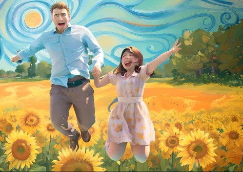 painting of a man and a woman jumping in a field of sunflowers, jumping towards viewer, saltando para o espectador, videoclipe, ...