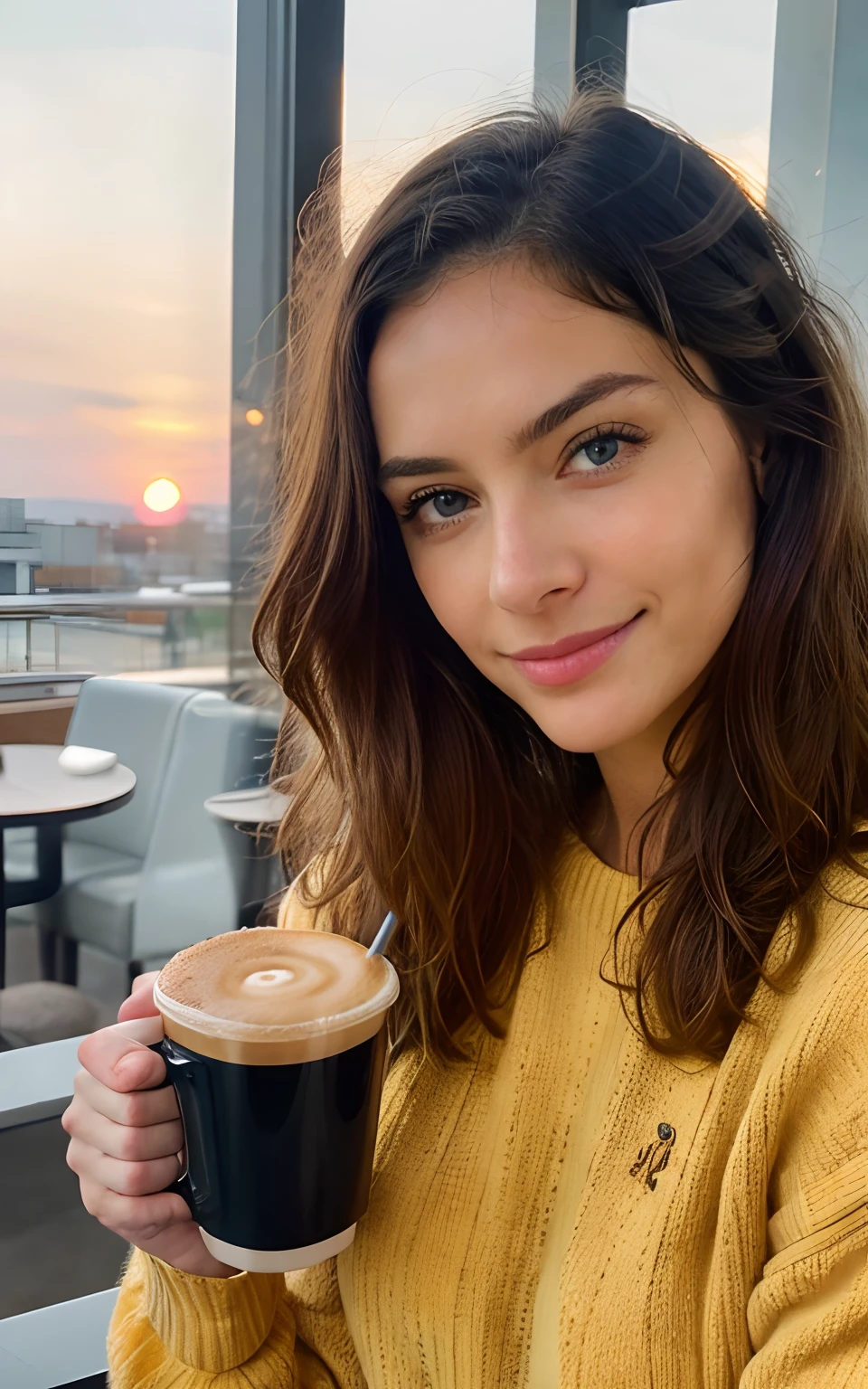 Cute beautiful blonde with yellow sweater (Drink coffee in a modern café at sunset), ighly detailed, 14years, innocent-looking face, naturally wavy hair, blue eyes, hight resolution, ​masterpiece, best qualtiy, intricate detailes, ighly detailed, foco nítido, detailed skins, realistic skin textures, texture, A detailed eye, professional, 4K, Charming smile, shot in Canon, 85 mm, light depth of field, Kodak Vision Color, Perfectly fitting body, ighly detailed, a picture_\(Ultras\), Photorealism, Realistish, post processed, maximum details, rough, real life, Ultrarealistic, photorealisim, photography, 8K UHD, photography