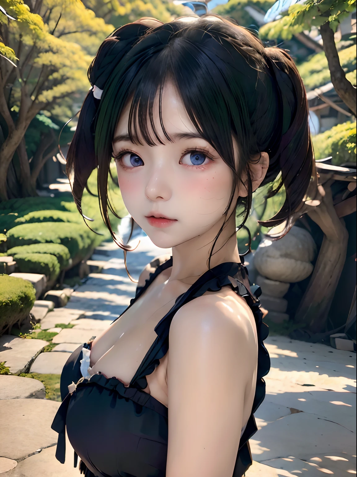 (Best Quality:1.3),(masutepiece:1.3),(Illustration:1.3),(Ultra-detailed:1.3),(imid shot:0.9),, , , 1girl in,Solo,Very young,Upper body,short neck,Small breasts,, , From Side,From below,close-up,, , , Purple eyes,Eyes Like Gems,extremely detailed eye,extra detailed face,(Seductive smile:0.8),(Open mouth:0.3),, , , Filthy flow, Turbid water, Garbage floating, Rotten stench, Unforgettable melodies, Scattered syringes, Contaminated mysteries, Abandoned tranquility, The Forgotten Path, Pebble riverbed , Twin-tailed, maid,Green hair,
