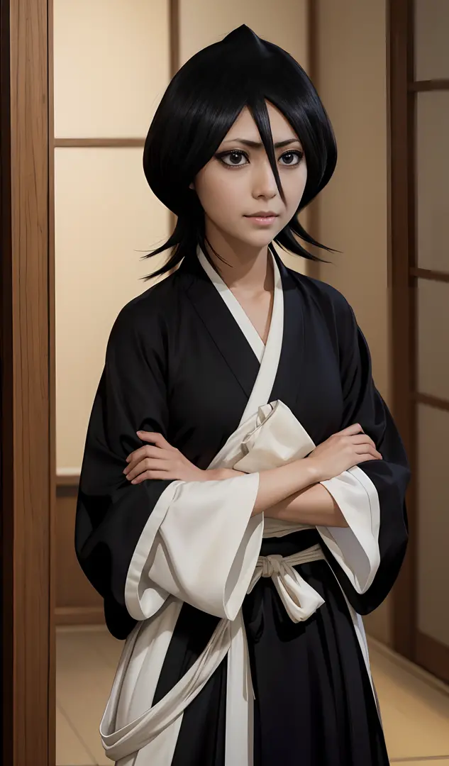 Rukia Kuchiki, 1 girl, short hair, black hair, purple eyes, smile, looking at viewer, black kimono, hair between eyes, wide slee...
