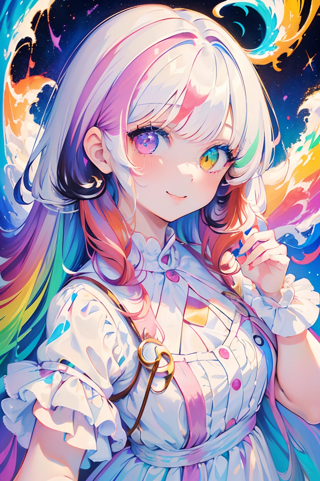 1girl, young girl, curly hair, bangs, twin tail, side tail, (Heterochromia), wearing a white dress, smiling, ((detail face)), ((close up)), colorful background, (colorful), (many colors)