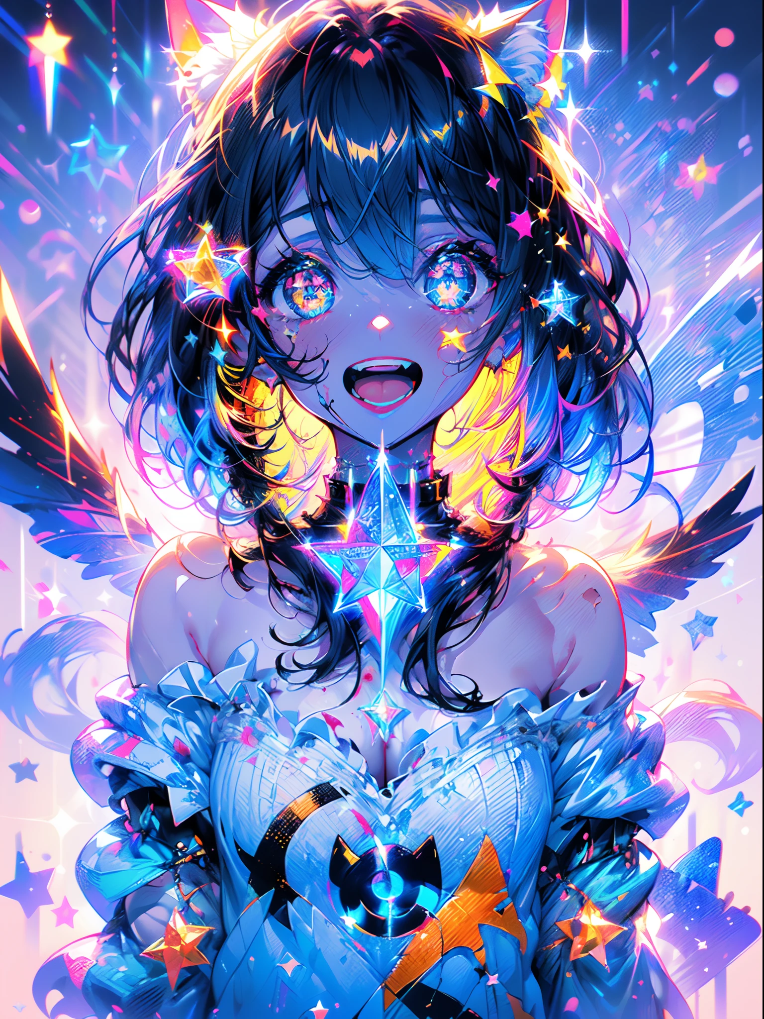 (masterpiece, best quality), ((1girl, (mature female) long hair), (star-shaped pupils,  +_+, symbol-shaped pupils, sparkling eyes), (cat ears, open open mouth)), (looking at viewer, light smile, off shoulder), (abstract, multicolored background, abstract background, chromatic aberration), vampire, blood on face, blood on clothes, bat wings